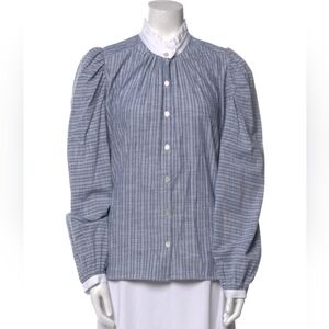Alix Of Bohemia Blue Pinstriped Puff-Sleeve Button Blouse